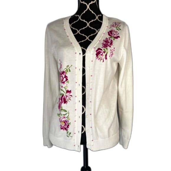 Susan Graver White Romantic Pearl Trim Floral Coquette Cottage Core Cardigan SM - Picture 1 of 11
